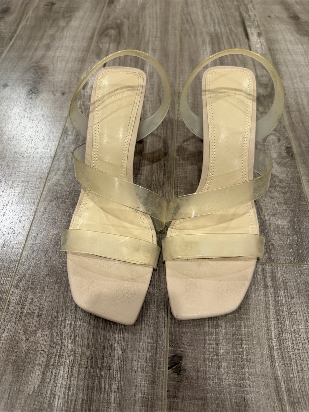 H&M Beige Square Toe Block Heel Sandals with Clear Straps